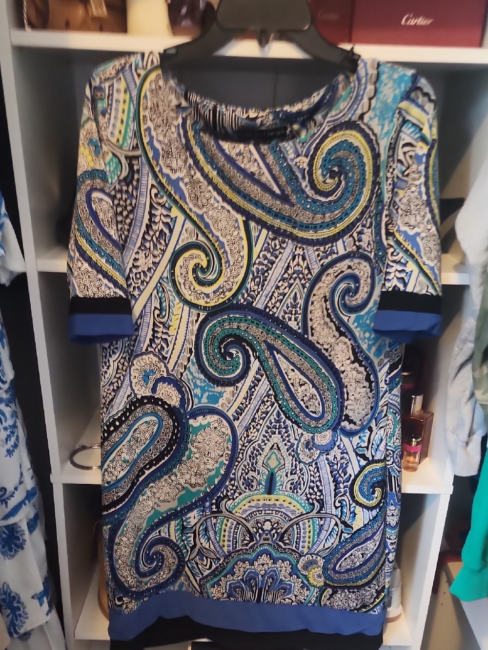 Blue Paisley Shift Dress with Bold Trim